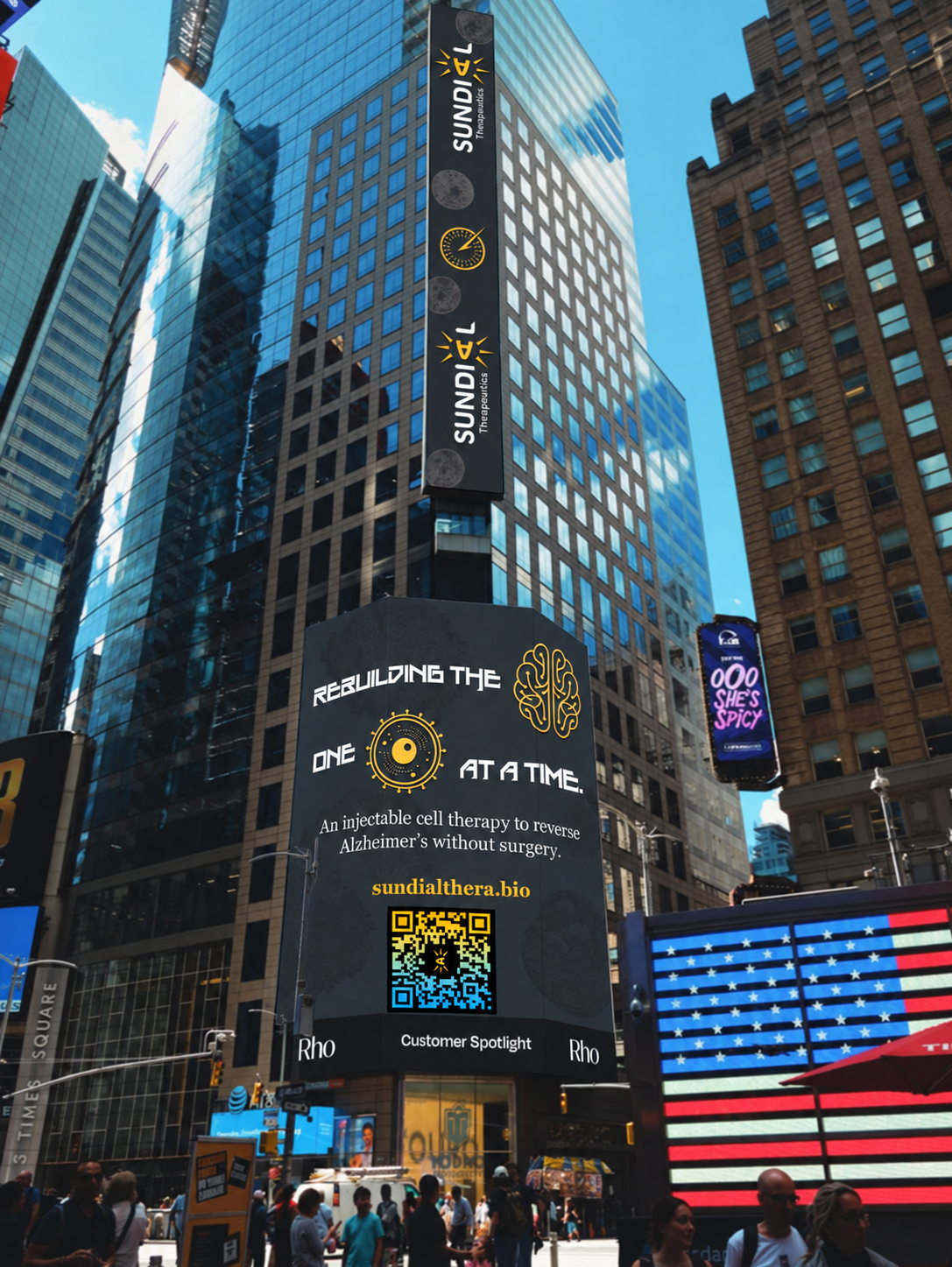 Placement mockup in the supplied Times Square photograph, with Sundial artwork on the lower billboard and the video’s logo strip on the upper vertical sign