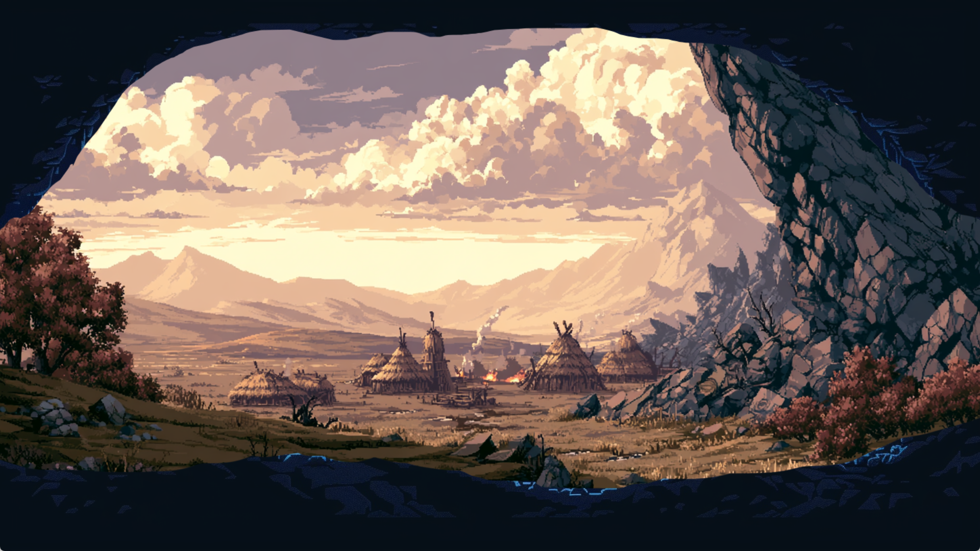Pixel-art tribal village beneath a sunset sky, framed by a rocky cave entrance